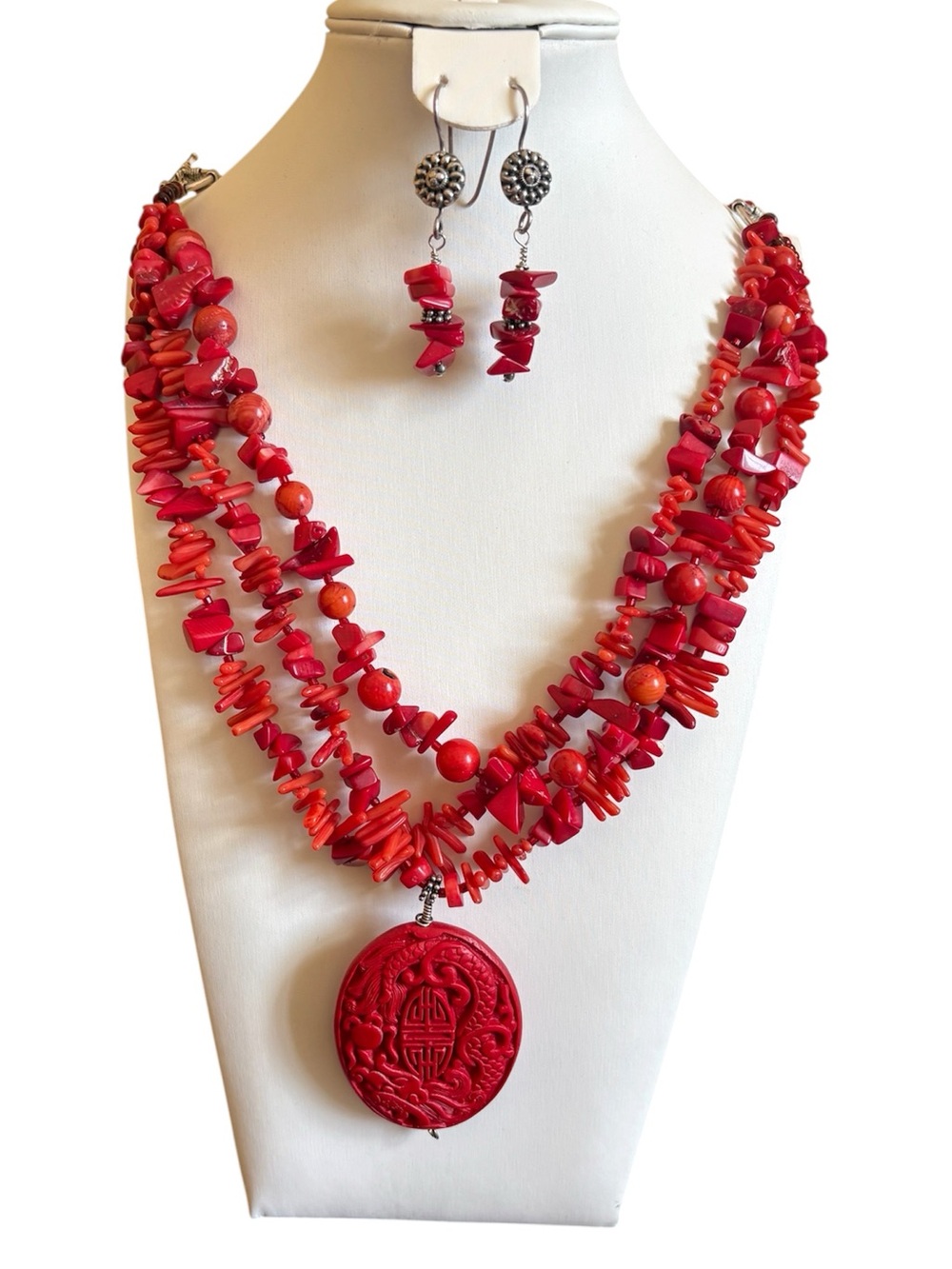 New! Handmade Red Multi-Strand Coral Chip Necklace with Carved Cinnabar Pendant
